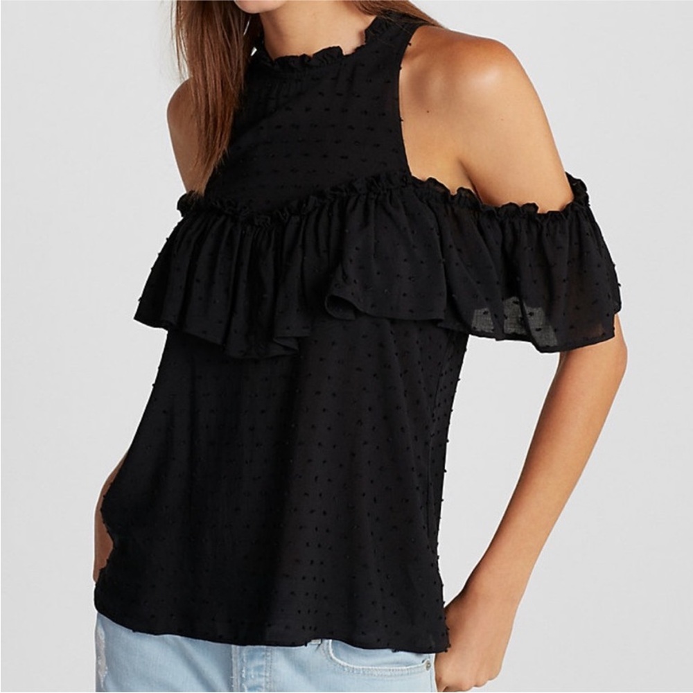 NWT EXPRESS Black High Neck Ruffle Cold Shoulder Blouse XS